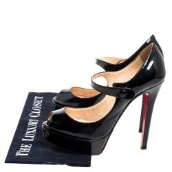 Pre Owned Christian Louboutin Black Patent Leather Zeppa Peep Toe Mary Jane Pumps Size 36.5