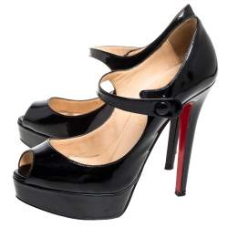 Pre Owned Christian Louboutin Black Patent Leather Zeppa Peep Toe Mary Jane Pumps Size 36.5