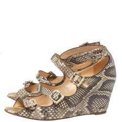 Christian Louboutin Beige Python Caged Buckle Wedge Sandals Size 38