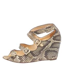 Christian Louboutin Beige Python Caged Buckle Wedge Sandals Size 38