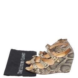 Christian Louboutin Beige Python Caged Buckle Wedge Sandals Size 38