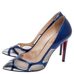 Pre Owned Christian Louboutin Blue Patent Leather and Mesh Pumps Size 38