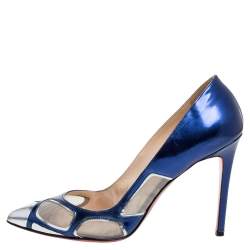 Pre Owned Christian Louboutin Blue Patent Leather and Mesh Pumps Size 38