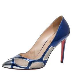 Pre Owned Christian Louboutin Blue Patent Leather and Mesh Pumps Size 38