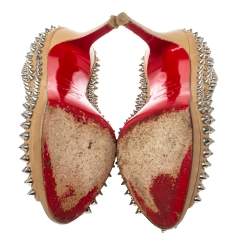 Pre Owned Christian Louboutin Beige Leather Yolanda Spikes Peep Toe Pumps Size 36.5