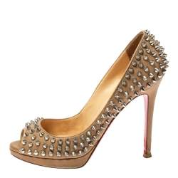 Pre Owned Christian Louboutin Beige Leather Yolanda Spikes Peep Toe Pumps Size 36.5