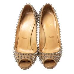Pre Owned Christian Louboutin Beige Leather Yolanda Spikes Peep Toe Pumps Size 36.5