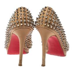 Pre Owned Christian Louboutin Beige Leather Yolanda Spikes Peep Toe Pumps Size 36.5