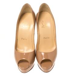 Pre Owned Christian Louboutin Beige Patent Leather Lady Peep Toe Platform Pumps Size 36.5