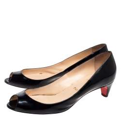 Pre Owned Christian Louboutin Black Patent Leather Kitten Heel Peep Toe Pumps Size 40