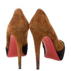 Pre Owned Christian Louboutin Brown/Black Suede Leather Maggie Embellished Cap Toe Platform Pumps Size 39.5