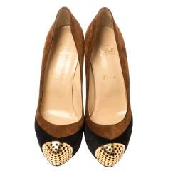 Pre Owned Christian Louboutin Brown/Black Suede Leather Maggie Embellished Cap Toe Platform Pumps Size 39.5
