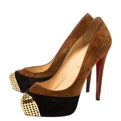 Pre Owned Christian Louboutin Brown/Black Suede Leather Maggie Embellished Cap Toe Platform Pumps Size 39.5