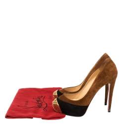 Pre Owned Christian Louboutin Brown/Black Suede Leather Maggie Embellished Cap Toe Platform Pumps Size 39.5
