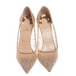 Pre Owned Christian Louboutin Beige/Gold Mesh And Leather Trim Follies Strass Pointed Toe Pumps Size 39.5