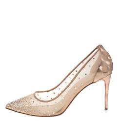 Pre Owned Christian Louboutin Beige/Gold Mesh And Leather Trim Follies Strass Pointed Toe Pumps Size 39.5