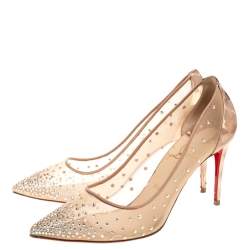 Pre Owned Christian Louboutin Beige/Gold Mesh And Leather Trim Follies Strass Pointed Toe Pumps Size 39.5