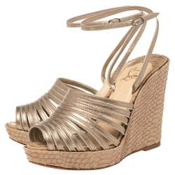 Pre Owned Christian Louboutin Metallic Beige Leather and Snakeskin Strappy Ankle Strap Wedge Platform Sandals Size 37