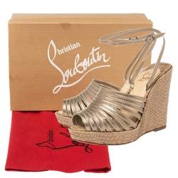 Pre Owned Christian Louboutin Metallic Beige Leather and Snakeskin Strappy Ankle Strap Wedge Platform Sandals Size 37