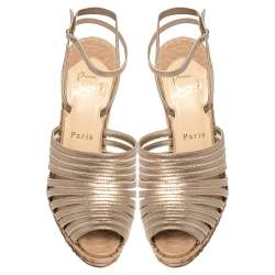 Pre Owned Christian Louboutin Metallic Beige Leather and Snakeskin Strappy Ankle Strap Wedge Platform Sandals Size 37