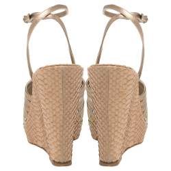 Pre Owned Christian Louboutin Metallic Beige Leather and Snakeskin Strappy Ankle Strap Wedge Platform Sandals Size 37