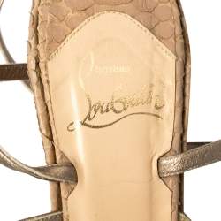 Pre Owned Christian Louboutin Metallic Beige Leather and Snakeskin Strappy Ankle Strap Wedge Platform Sandals Size 37