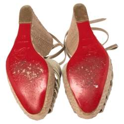 Pre Owned Christian Louboutin Metallic Beige Leather and Snakeskin Strappy Ankle Strap Wedge Platform Sandals Size 37