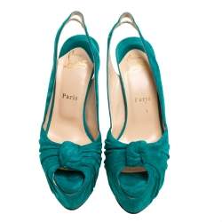 Pre Owned Christian Louboutin Green Suede Jenny Knotted Slingback Platform Sandals Size 37.5