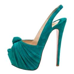 Pre Owned Christian Louboutin Green Suede Jenny Knotted Slingback Platform Sandals Size 37.5