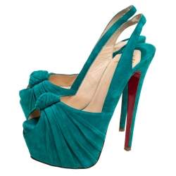 Pre Owned Christian Louboutin Green Suede Jenny Knotted Slingback Platform Sandals Size 37.5