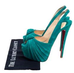 Pre Owned Christian Louboutin Green Suede Jenny Knotted Slingback Platform Sandals Size 37.5