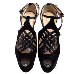 Pre Owned Christian Louboutin Black Suede And Patent Leather Carlota Strappy Platform Sandals Size 37