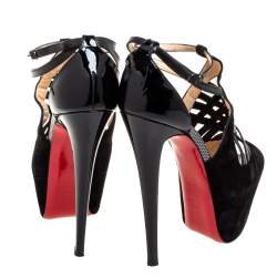 Pre Owned Christian Louboutin Black Suede And Patent Leather Carlota Strappy Platform Sandals Size 37