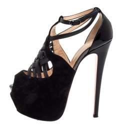 Pre Owned Christian Louboutin Black Suede And Patent Leather Carlota Strappy Platform Sandals Size 37
