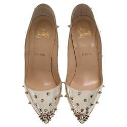 Pre Owned Christian Louboutin Silver Foil Leather Spiked Pointed Toe Pumps Size 39