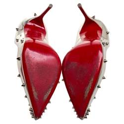 Pre Owned Christian Louboutin Silver Foil Leather Spiked Pointed Toe Pumps Size 39