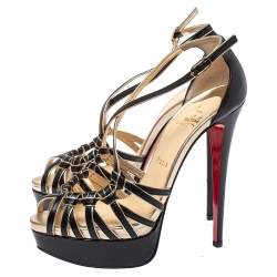 Pre Owned Christian Louboutin Black/Gold Leather Strappy Platform Sandals Size 38