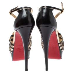 Pre Owned Christian Louboutin Black/Gold Leather Strappy Platform Sandals Size 38