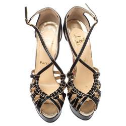 Pre Owned Christian Louboutin Black/Gold Leather Strappy Platform Sandals Size 38