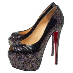 Pre Owned Christian Louboutin Black Glitter Fabric Drapesse 160 Spotlight Pumps Size 38