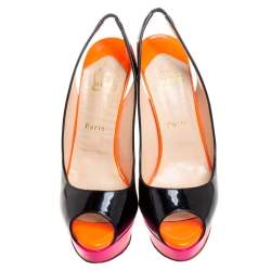 Pre Owned Christian Louboutin Tri Color Patent Leather Private Number Peep Toe Slingback Sandals Size 39.5