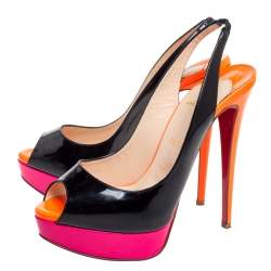 Pre Owned Christian Louboutin Tri Color Patent Leather Private Number Peep Toe Slingback Sandals Size 39.5