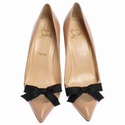 Pre Owned Christian Louboutin Beige Leather And Mesh 'Love Me' Bow Pumps Size 38
