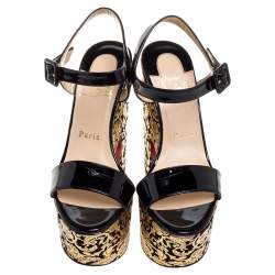 Pre Owned Christian Louboutin Black/Gold Patent Leather Bella Tige Floral Platform Ankle Strap Sandals Size 36