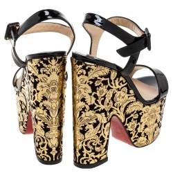Pre Owned Christian Louboutin Black/Gold Patent Leather Bella Tige Floral Platform Ankle Strap Sandals Size 36