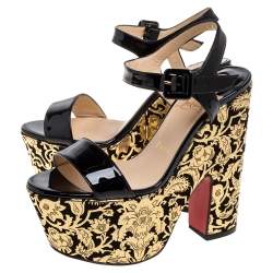 Pre Owned Christian Louboutin Black/Gold Patent Leather Bella Tige Floral Platform Ankle Strap Sandals Size 36