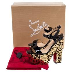 Pre Owned Christian Louboutin Black/Gold Patent Leather Bella Tige Floral Platform Ankle Strap Sandals Size 36