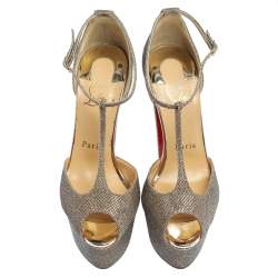 Pre Owned Christian Louboutin Gold Glitter Fabric Nencheritza T Strap Platform Sandals Size 35.5