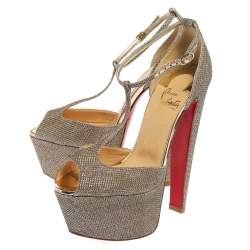Pre Owned Christian Louboutin Gold Glitter Fabric Nencheritza T Strap Platform Sandals Size 35.5