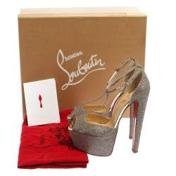 Pre Owned Christian Louboutin Gold Glitter Fabric Nencheritza T Strap Platform Sandals Size 35.5